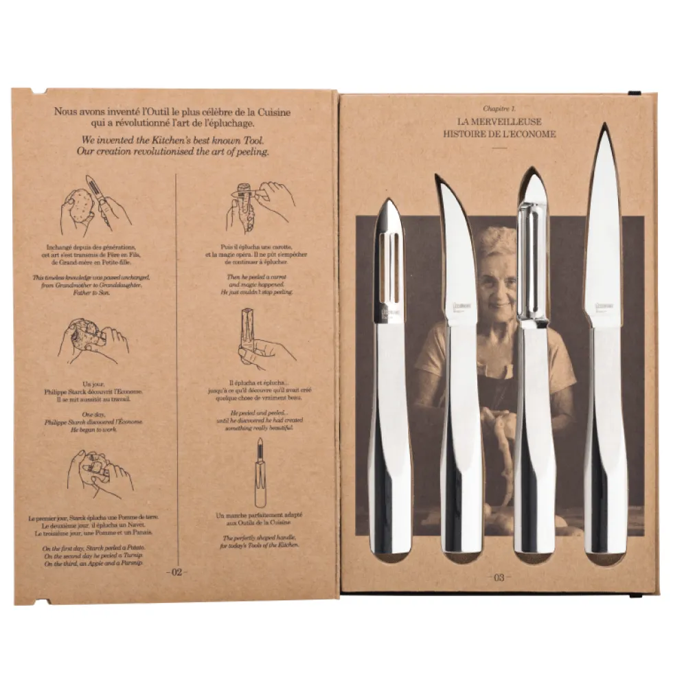 L'ECONOME STARCK Pack 4 pièces Économe/Couteau bec oiseau/Couteau office/Flexiconome